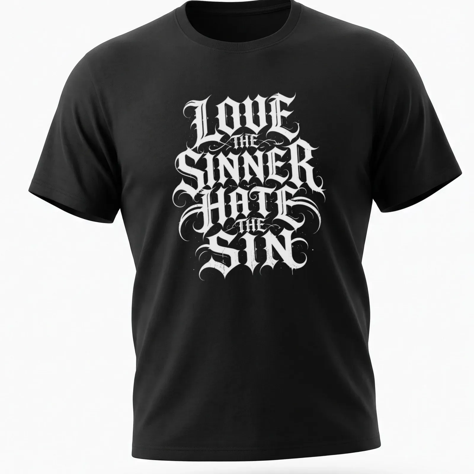 Gothic lettering T-shirt featuring 'Love The Sinner Hate The Sin' in black and white. — printed on a unisex t-shirt