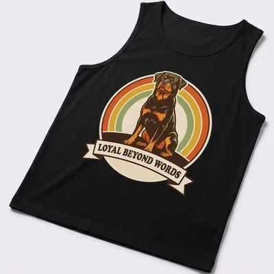 Retro design featuring Rottweiler and text 'Loyal Beyond Words' in warm colors. — printed on a tank top