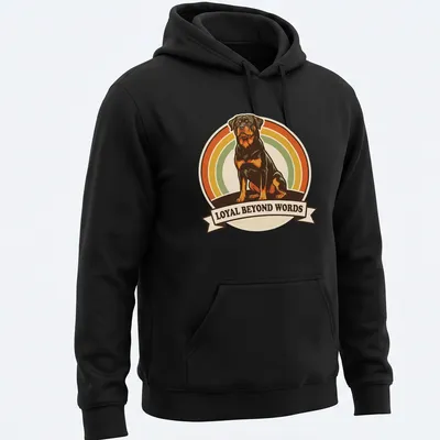 Retro design featuring Rottweiler and text 'Loyal Beyond Words' in warm colors. — printed on a unisex hoodie