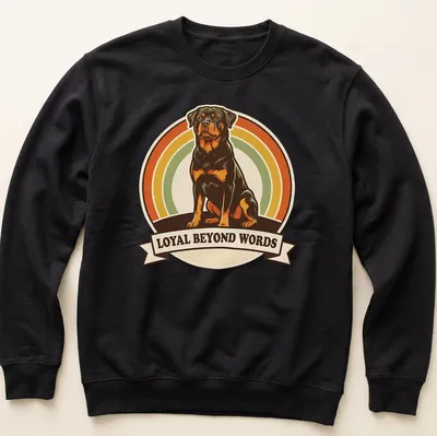 Retro design featuring Rottweiler and text 'Loyal Beyond Words' in warm colors. — printed on a unisex sweatshirt