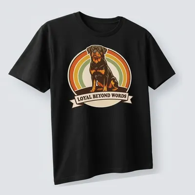 Retro design featuring Rottweiler and text 'Loyal Beyond Words' in warm colors. — printed on a unisex t-shirt (angled view)