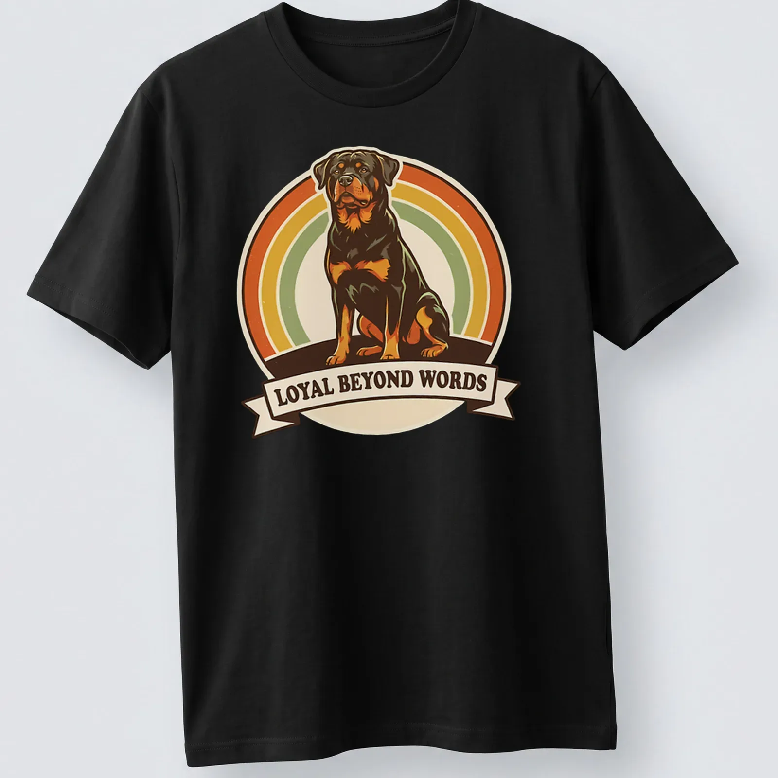 Retro design featuring Rottweiler and text 'Loyal Beyond Words' in warm colors. — printed on a unisex t-shirt