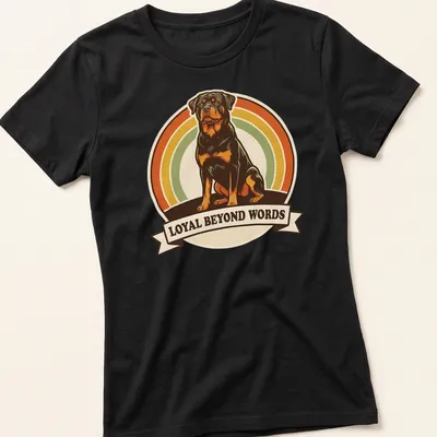 Retro design featuring Rottweiler and text 'Loyal Beyond Words' in warm colors. — printed on a women's shirt