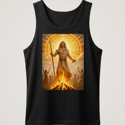 Mythical illustration of Lugnasad and God Lugh surrounded by sacred fire — printed on a tank top