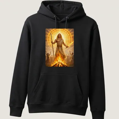 Mythical illustration of Lugnasad and God Lugh surrounded by sacred fire — printed on a unisex hoodie
