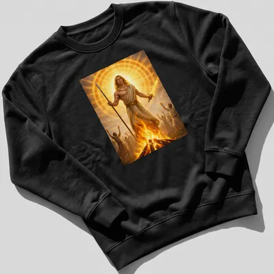 Mythical illustration of Lugnasad and God Lugh surrounded by sacred fire — printed on a unisex sweatshirt