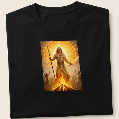 Mythical illustration of Lugnasad and God Lugh surrounded by sacred fire