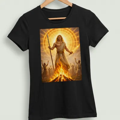 Mythical illustration of Lugnasad and God Lugh surrounded by sacred fire — printed on a women's shirt
