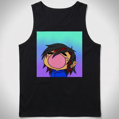 Kawaii bubblegum character in blue, purple, black, red, and pink with a playful expression. — printed on a tank top