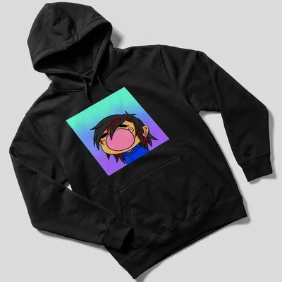 Kawaii bubblegum character in blue, purple, black, red, and pink with a playful expression. — printed on a unisex hoodie