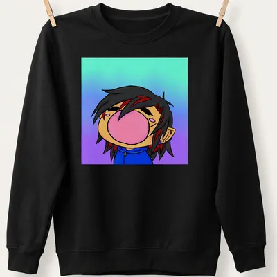Kawaii bubblegum character in blue, purple, black, red, and pink with a playful expression. — printed on a unisex sweatshirt