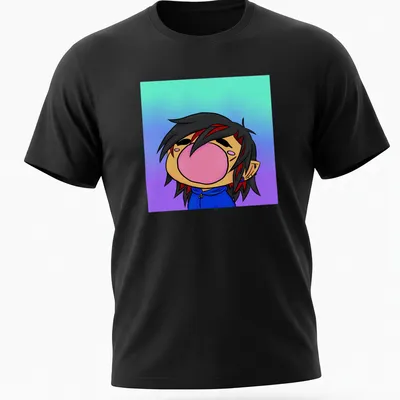 Kawaii bubblegum character in blue, purple, black, red, and pink with a playful expression.