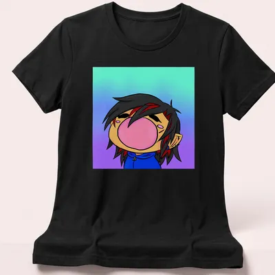 Kawaii bubblegum character in blue, purple, black, red, and pink with a playful expression. — printed on a women's shirt