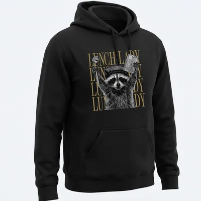Black and white graphic of a raccoon with bold gold text saying Lunch Lady — printed on a unisex hoodie
