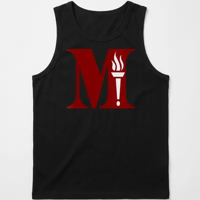 Bold graphic of a torch emblem with the letter M in red and white — printed on a tank top