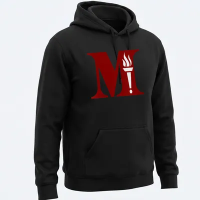 Bold graphic of a torch emblem with the letter M in red and white — printed on a unisex hoodie
