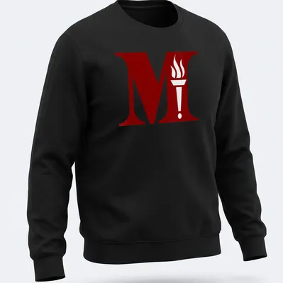 Bold graphic of a torch emblem with the letter M in red and white — printed on a unisex sweatshirt