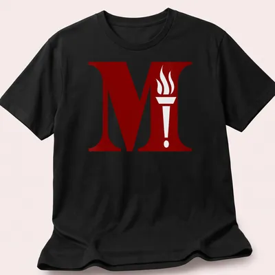 Bold graphic of a torch emblem with the letter M in red and white