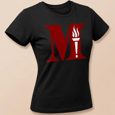 Bold graphic of a torch emblem with the letter M in red and white — printed on a women's shirt
