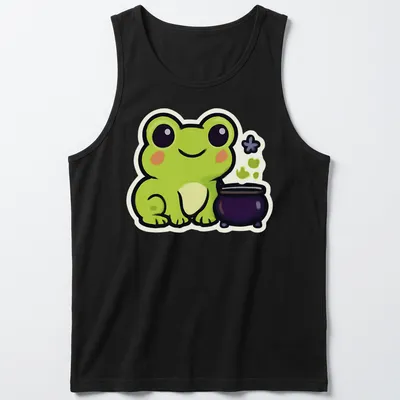 Kawaii frog next to a bubbling cauldron in green, black, purple, and white — printed on a tank top