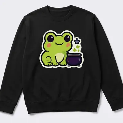 Kawaii frog next to a bubbling cauldron in green, black, purple, and white — printed on a unisex sweatshirt