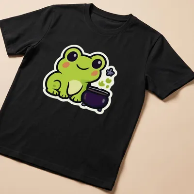 Kawaii frog next to a bubbling cauldron in green, black, purple, and white