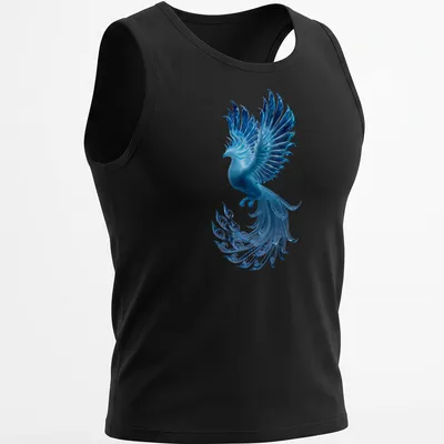 Illustration of a glowing blue ice phoenix with shimmering feathers in blue, cyan, and teal — printed on a tank top
