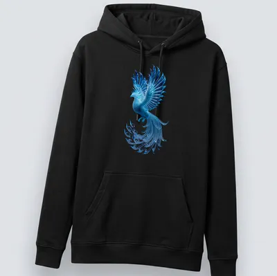 Illustration of a glowing blue ice phoenix with shimmering feathers in blue, cyan, and teal — printed on a unisex hoodie