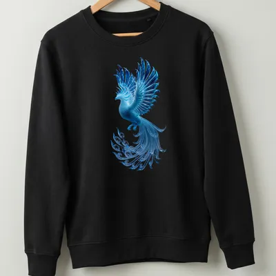 Illustration of a glowing blue ice phoenix with shimmering feathers in blue, cyan, and teal — printed on a unisex sweatshirt