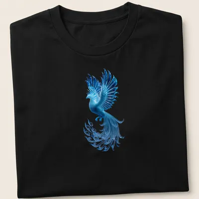 Illustration of a glowing blue ice phoenix with shimmering feathers in blue, cyan, and teal