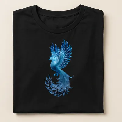 Illustration of a glowing blue ice phoenix with shimmering feathers in blue, cyan, and teal — printed on a women's shirt