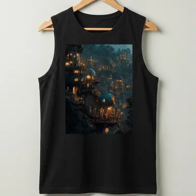 Fantasy illustration of a magical treehouse village at night with warm lights — printed on a tank top