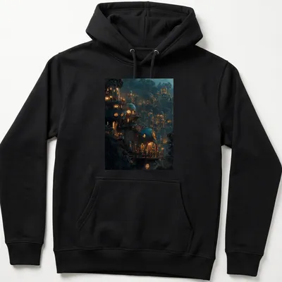 Fantasy illustration of a magical treehouse village at night with warm lights — printed on a unisex hoodie