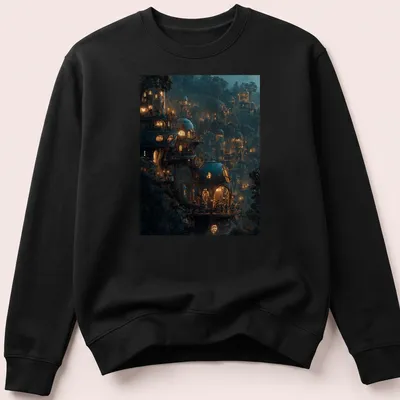 Fantasy illustration of a magical treehouse village at night with warm lights — printed on a unisex sweatshirt