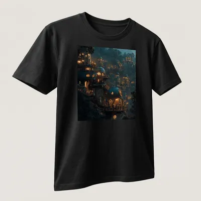 Fantasy illustration of a magical treehouse village at night with warm lights — printed on a unisex t-shirt (angled view)