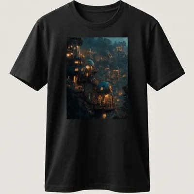 Fantasy illustration of a magical treehouse village at night with warm lights — printed on a unisex t-shirt