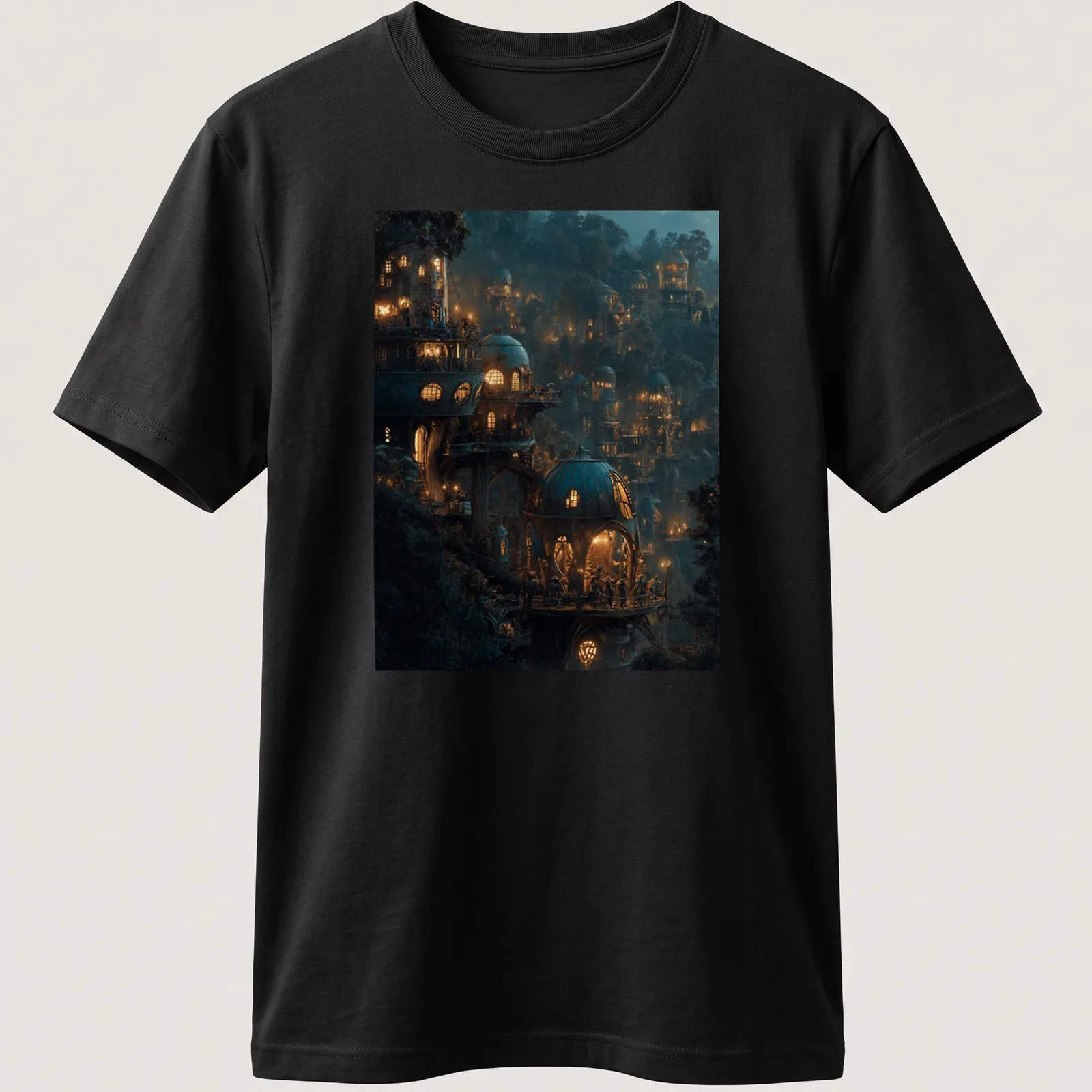 Fantasy illustration of a magical treehouse village at night with warm lights — printed on a unisex t-shirt