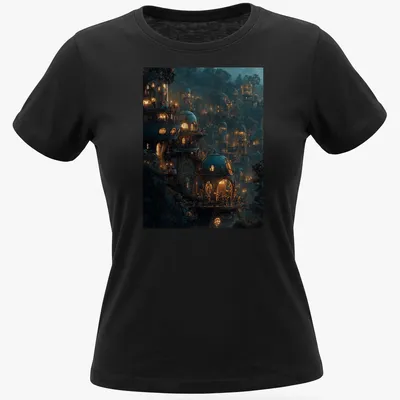Fantasy illustration of a magical treehouse village at night with warm lights — printed on a women's shirt