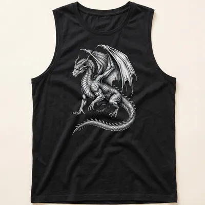 Detailed illustration of a majestic winged dragon in black and white — printed on a tank top