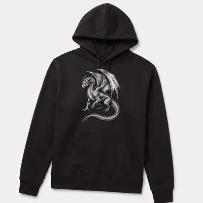 Detailed illustration of a majestic winged dragon in black and white — printed on a unisex hoodie