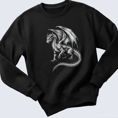 Detailed illustration of a majestic winged dragon in black and white — printed on a unisex sweatshirt