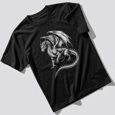 Detailed illustration of a majestic winged dragon in black and white