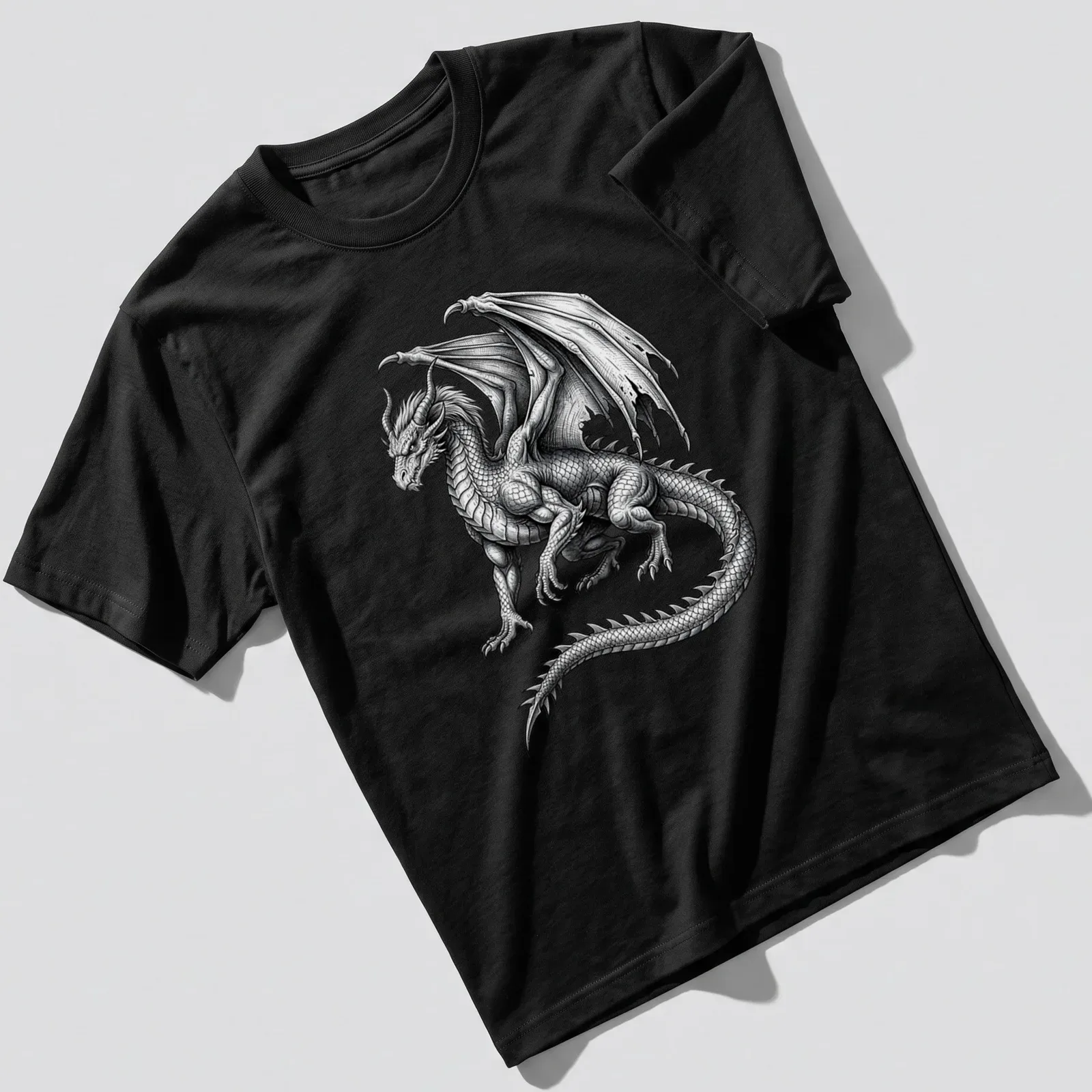 Detailed illustration of a majestic winged dragon in black and white — printed on a unisex t-shirt