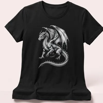 Detailed illustration of a majestic winged dragon in black and white — printed on a women's shirt