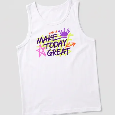 Bold graffiti-style shirt with the motivational quote Make Today Great — printed on a tank top