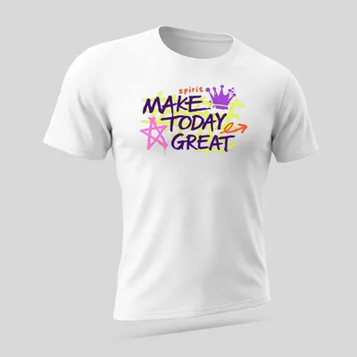 Bold graffiti-style shirt with the motivational quote Make Today Great — printed on a unisex t-shirt (angled view)