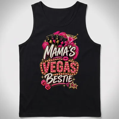 Neon print of Mama's Vegas Bestie with playing cards, cocktail, and dice — printed on a tank top