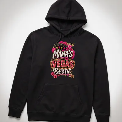 Neon print of Mama's Vegas Bestie with playing cards, cocktail, and dice — printed on a unisex hoodie