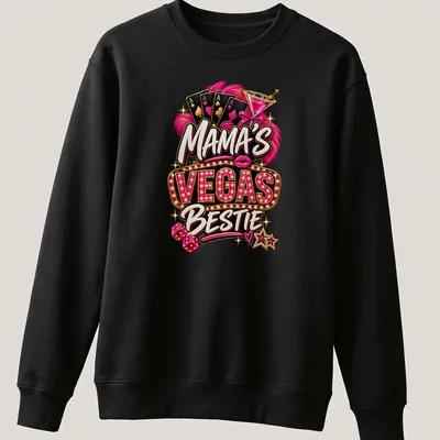 Neon print of Mama's Vegas Bestie with playing cards, cocktail, and dice — printed on a unisex sweatshirt
