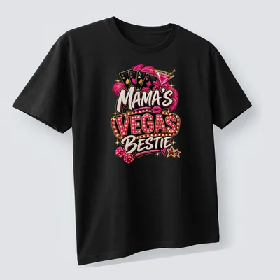 Neon print of Mama's Vegas Bestie with playing cards, cocktail, and dice — printed on a unisex t-shirt (angled view)